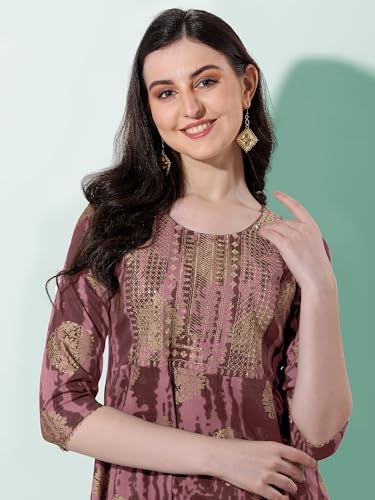 Image of MIRCHI FASHION Women's Cotton Relaxed Fit A Line Sequins Embroidery Work Foil Printed A-Line Kurti Only