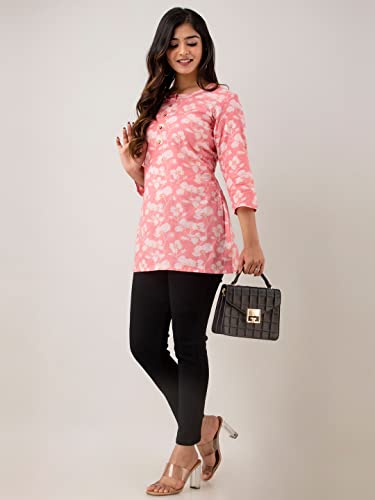 Image of feranoid Women Cotton Printed Straight Short Kurti (Pink)
