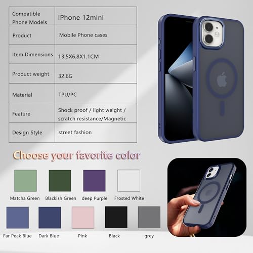 Image of Magnetic iPhone 12mini case,Compatible with Magsafe, Military-Grade Protection,Slim Translucent Matte Shockproof with Anti-Scratch Anti-Fingerprint Phone Cover (Dark Blue, iPhone 12mini)