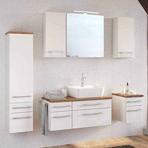 Lomadox Badezimmer Möbel Set in weiß matt mit Wotaneiche und Keramik-Aufsatzbecken