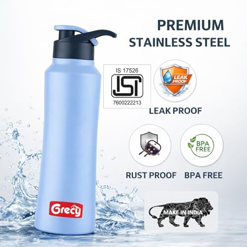 Image of GRECY Tic Toc Steel Water Bottle 1 ltr Light Blue | Single Wall Steel Bottle for Fridge 1 litre | Flip Cap Leak Resistant | BPA Free Food Grade Steel | Lightweight | Office,Gym,Travel Made in India
