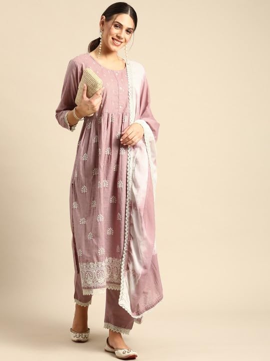 Image of Amazon Brand - Tavasya Womens Embroidered Kurta Pant Set With Trousers With Prinred With Lace Dupatta