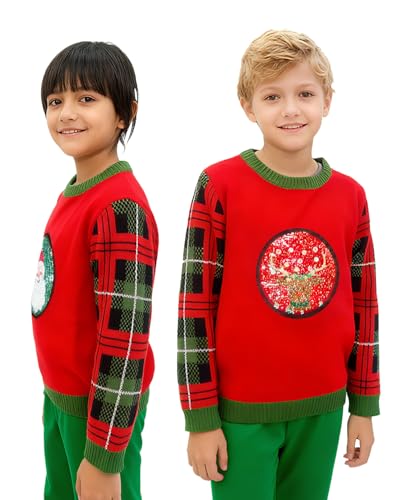 Aviski Festive Ugly Christmas Sweater - Long Sleeve Xmas Jumper, Flip Sequin 2-in-1 Reindeer Santa Boys Girls Knit Pullover, 10T