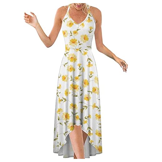SoLu DAY8 kort klänning framtill lång bak blommig klänning dam chic och elegant ärmlös axelrem klänning dam fest stor storlek billig kläder dam casual strand semester, Gult, L