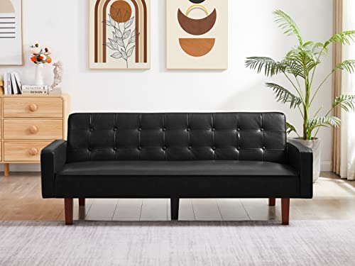 Homies Life Faux Leather Sofa Couch With Memory Foam Modern Convertible Sleeper S-Shaped Spring Eucalyptus Frame Solid Wood Feet Daybed With Adjustable For Apartment Office Dorm Easy Assembly (Black) #TOP1
