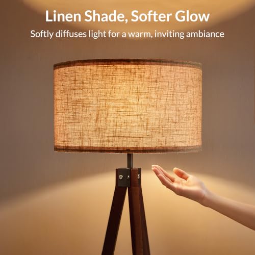 Image of LEPOWER Tripod Floor Lamp Mid Century Modern Standing Lamps for Living Room | Light-Diffusing Linen Shade, Premium Rubberwood Tripod with E26 Base, Adding Warmth to Bedroom, Office & Study Corner Walnut