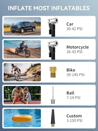 AIRSURE Tire Inflator Portable Air Compressor, 150 PSI Fast Inflation Cordless Air Pump with LED Light, Auto Shut-Off, Rechargeable Battery for Car, Motorcycle, Bike, and Sports Balls — view 6