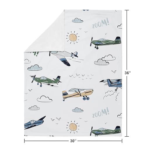 Image of Sweet Jojo Designs Vintage Airplane Boy Soft Baby Blanket Receiving Security Stroller Swaddle Toddler Newborn Infant Kids Travel Warm Minky Grey Green Blue White Yellow Airplanes Plane Transportation
