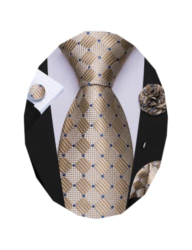 Image of Barry.Wang Plaid Ties Checkered Mens Silk Necktie Handkerchief Cufflinks