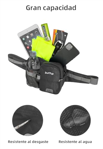 buffup® Riñonera Deportiva con Portabotellas – Ideal para Senderismo, Correr, Ciclismo, Escalada y Camping (Negro) - imagen 5