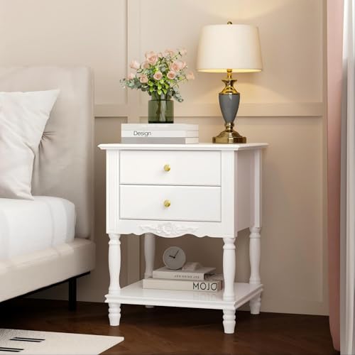 WOODTIME White Accent Nightstand with 2 Drawers, Bottom Shelf &