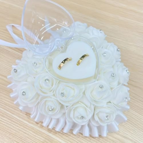 COSLANLEE Wedding Ring Bearer Pillow Décor with Satin with Crystal Heart and Rhinestones,Lace Bow Flower Ring Cushion Holder Box Pearl Diamonds Ribbon for Beach Proposal Ceremony Party - Thumbnail 2