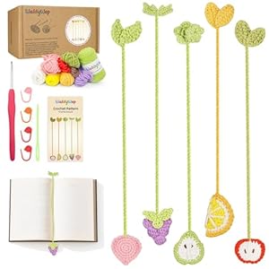 WaldyWop Kit de ganchillo para principiantes: 5 marcapáginas de frutas con 40% de hilo extra, accesorios – Tutoriales en video fáciles e instrucciones para adultos niños de 8 a 12 años – Juego de