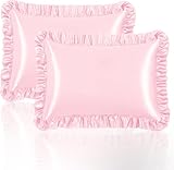 Pink Ruffle Satin Pillowcase Standard Size Set of 2,Imitate Silk Pillow Cases for Hair and Skin with Envelope Ruffle Closure,Farmhouse Pillow Shams Room Decorative Gift for Women(20'x26')