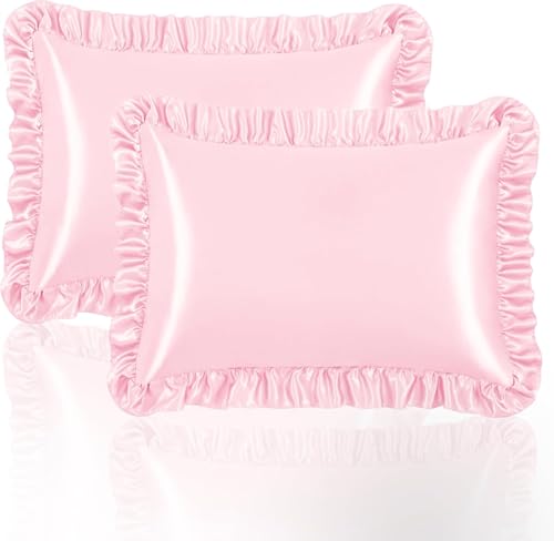 Pink Ruffle Satin Pillowcase Standard Size Set of 2,Imitate Silk Pillow Cases for Hair and Skin with Zipper,Farmhouse Pillow Shams Room Decorative Gift for Women(20