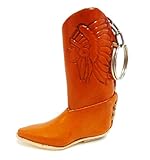 Dieser Schlüsselanhänger ist detailliert verarbeitet. Motiv: Cowboystiefel mit Indianerköpfen auf den Seiten.
