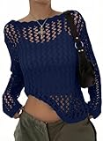 EVALESS Spring Tops for Women Summer 2026 Long Sleeve Crochet Sweaters Boat Neck Hollow Out Knit Shirts Beach Cover Ups Cruise Outfits Navy Blue Small