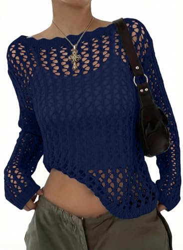EVALESS Spring Tops for Women Summer 2026 Long Sleeve Crochet Sweaters Boat Neck Hollow Out Knit Shirts Beach Cover Ups Cruise Outfits Navy Blue Small