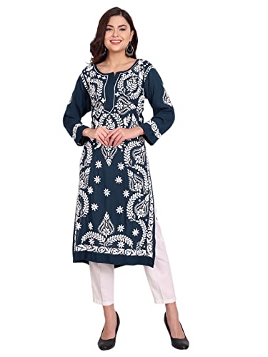 Image of indiankala4u Women's Hand Embroidered Chikankari Kurta for Women | Modal Cotton Straight Kurti | Lucknowi Chikan Work Ethnic Kurta | Full Sleeve Festive Office Wear