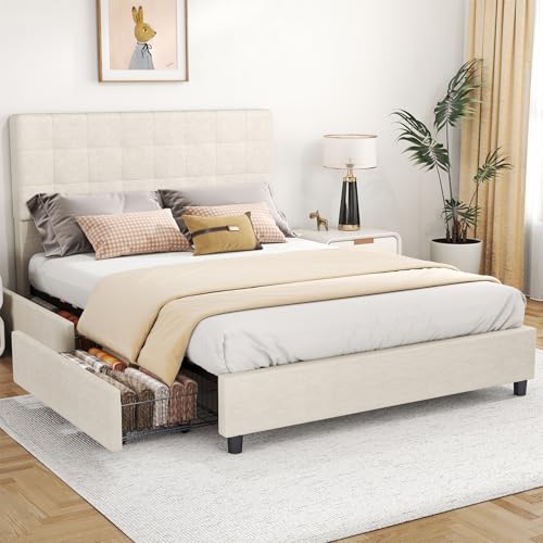 EVLIQUIL ​Queen Size Upholstered Bed Frame with 4 Storage Drawers, Diamond Button Tufted...