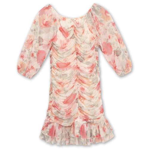 Speechless Girls' 3/4 Puff Sleeve Floral Ruched Ruffle Hem Knee Length Dress4