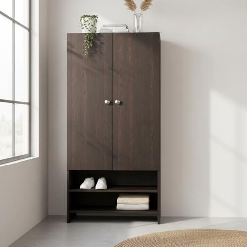 Image of FURNEASER YSH Engineered Wood Wardrobe Almirah for Clothes with 2 Doors & Open Shoe Rack | Wooden Closet Cabinet Organizer for Bedroom Living Room | Storage Cupboard (Wenge)