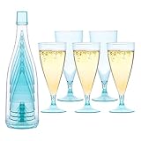 FNG8 Champagner Gläser Plastik 150ml (5 Stk) - Sektgläser Kunststoff Set mit Aufbewahrungsflasche - Wiederverwendbar - Blaues Tragbares Sektgläser Hochzeit Set für Reisen & Picknick - BPA-frei