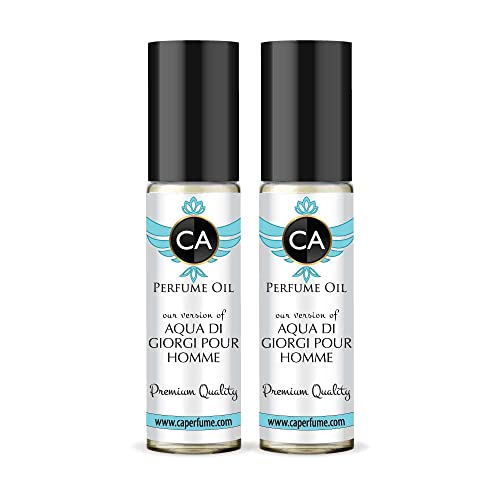 CA Perfume Impression of Aqua Di Giorgi Pour Homme Eau De Parfum Woody Aquatic Scent Long Lasting Cologne for Men Travel Size TSA Ready for Day and Night Wear 0.33 Fl Oz 10ml (Pack of 2)