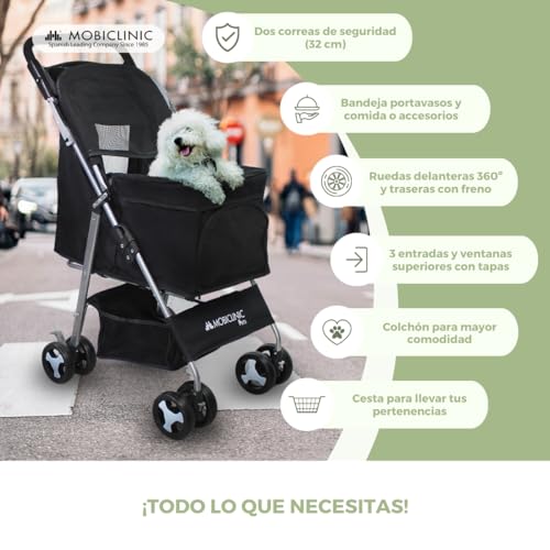 Miniatura 8 de Mobiclinic Pets, Carrito Para Perros Plegable, Ideal Pequeños Y Senior, Zuma, Hasta 15 Kg, Ruedas Con Frenos 360 , Cesta Xxl, 3 Ventanas Cremallera Mosquitera, Portavasos, Negro