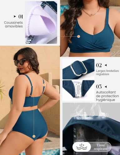 Tuopuda Maillot de Bain Femme 2 Pieces Grande Taille Push Up Rembourré Bikini Deux Pièces Col V Élégant Haut avec Bas de Maillot de Bain Swimwear de Plage Beachwear Été M-4XL, Vert-Bleu, XL – vue 5