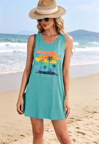 Image of Summer Tank Dress for Women Sunset Palm Tree Beach Vacation Cover Up