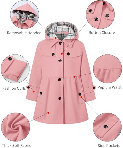 Cromoncent Girls' Autumn and Winter Woolen Coat with Detachable Hat Outerwear Peacoat,2-14 Years2