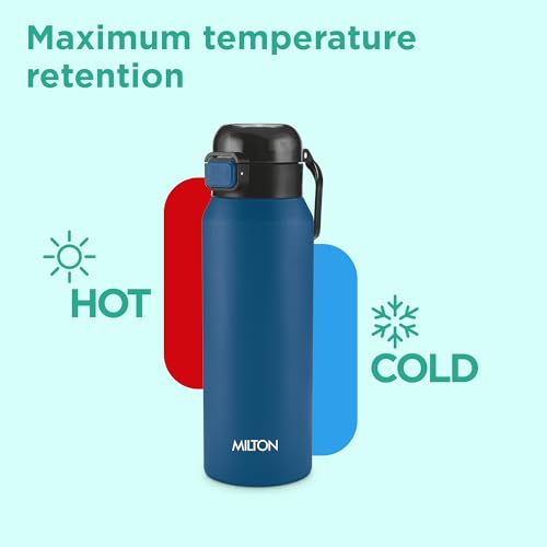 Image of Milton Dual Flow 600 Thermosteel Water Bottle 595 ml with One Touch Safety Lock & Twin Lid Sip or Gulp,Long Hours Hot & Cold,Leak Proof,ISI Certified,Vacuum Insulated,for Office,Gym,School,Dark Blue