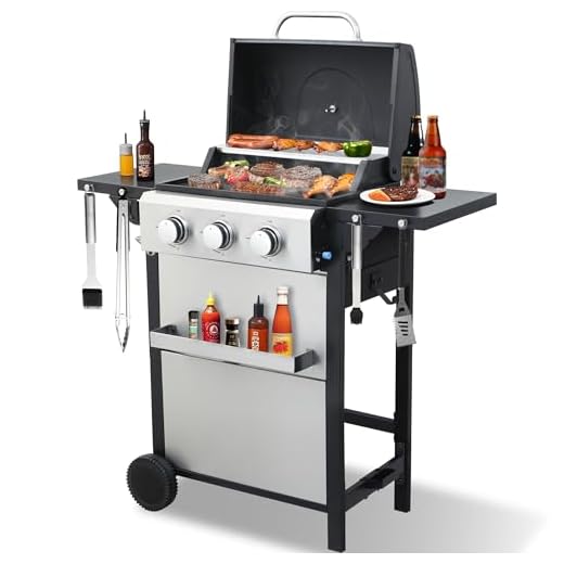 3-Burner Propane Gas Grill with 2 Foldable Side Tables, 25,650 BTU Outdoor BBQ Grill with Porcelain-Enameled Flame Tamers, Built-in Thermometer, Easy Assembly for Patio, Backyard BBQ