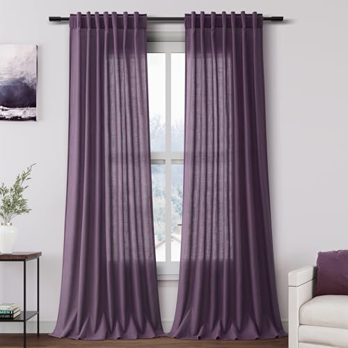 Image of Extra Long Plum Linen Curtains 120 Inch for Living Room 2 Panels Set Rod Pocket Back Tab Linen Window Drapes Semi Sheer Light Filtering Privacy High Ceiling Drapes for Farmhouse 52x120