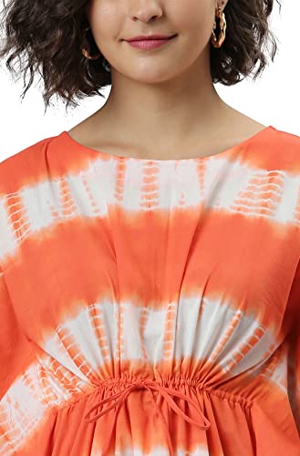 Image of Janasya Women's Orange Cotton Tie-Dye Kaftan Kurta