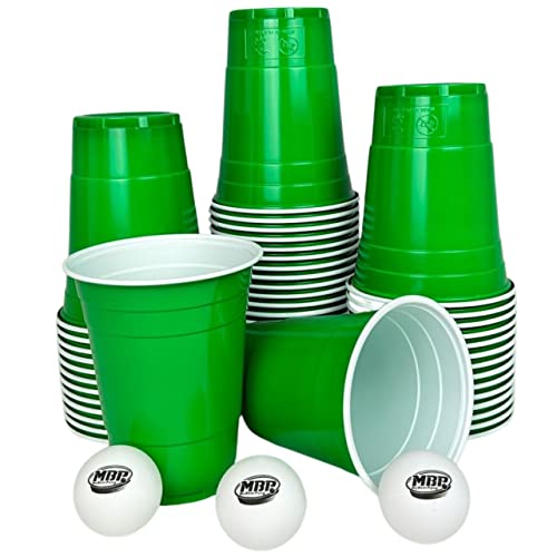MBP My Beer Pong Lot de 50 gobelets à bière pong - En plastique vert + 3 balles - 473 ml - Convient à un usage alimentaire et robuste - Réutilisables et passent au lave-vaisselle