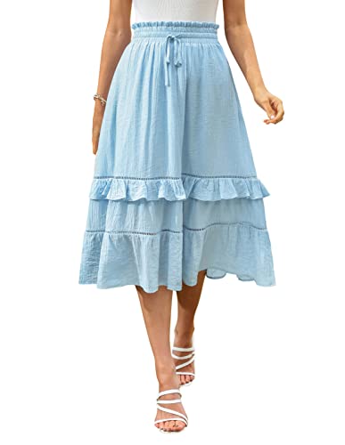 Kate Kasin Women Ruffle A Line Tiered Swing Bohemian Midi Skirt Elastic High Waisted Casual Skirt With Pockets Blue L #TOP15