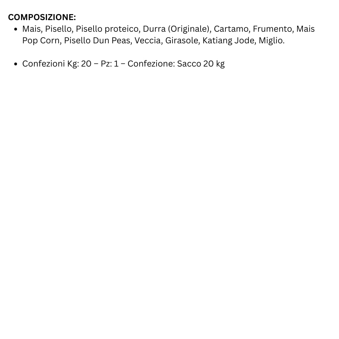 Universal Colombi Manitoba | Alimento para pájaros, mezcla rica en semillas, apto para todas las especies de Colombi, 1 paquete de 20 kg.