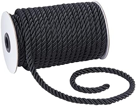 PandaHall 8mm 3 Braided Cord Trim, 20 Yards Twisted Silk Ropes Black Decorative Rope Shiny Viscose Cording for Curtain Tieback, Upholstery, Honor Cord, Christmas Garland, Handbags Handles