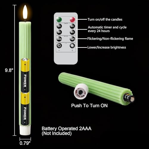 Image of Green Flameless Flickering Taper Candles Battery Operated with Remote and Timer, 3D Wick Real Wax Vertical Stripe LED Candlesticks Spring Dinner Wedding Home Decor(3 Pack, 0.79 inch D x 9.8 inch H)
