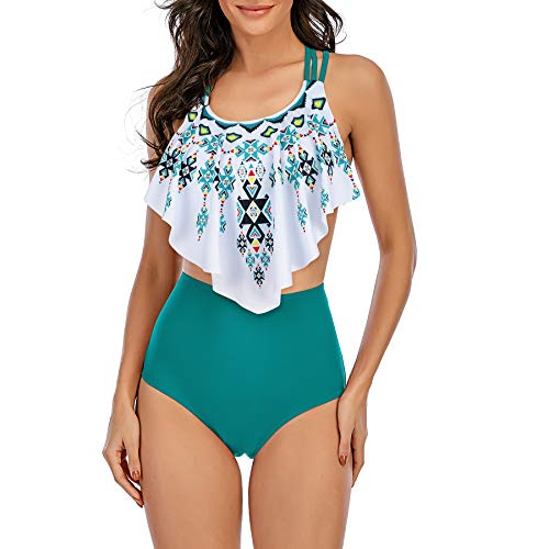 Zando High Waisted Tankini Swimsuits Tummy Control Swimming Suits for Women 2 Piece Bathing Suits Criss Cross Sporty Bikini Ruffled Top with Bottom Shorts Swimwear 1 White Green 2-4
