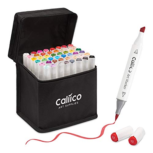 CALIICO Alcohol Brush Markers, 48 Color Brush & Chisel Tip Alcohol Markers Set; Art Markers for Sketching, Coloring, Craft, Illustration - W/1 Colorless Brush Tip Blender