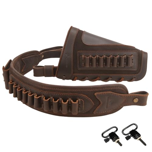 Tas Trost Leather Gun Cheek Rest Buttstock Ammo Holder with Rifle Sling and Swivels Shooting for .30-30 .308 .45-70 .22LR 12GA (.30-30 .357 .35cal .38, Coffee)