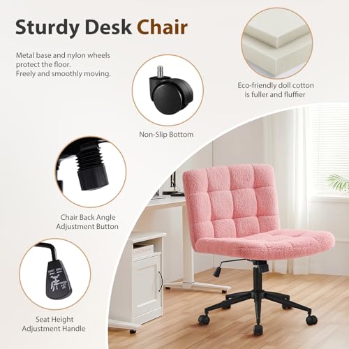 Furnimart Swivel Criss Cross Legged Chair with Wheels for Home Office, Wide Armless Desk Chair Height Adjustable Comfy Seat for Desk,Vanity, Bedroom, Faux Fur Pink - Image 5