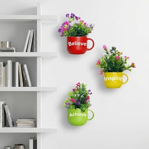 Image of Dekorly Wall Hanging Mug Planters with Artificial Flowers (20CM) - Decorative Hanging Cups, Colorful Floral Wall Decor for Living Room Bedroom Balcony Office Gift Set (3, Believe Inspire Achieve)
