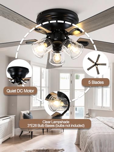 Image of 52 Inch Flush Mount Farmhouse Ceiling Fan with Lights and Remote | Rustic Fandelier Ceiling Fan, Low Profile Chandelier, 5 Dual Blade, for Bedroom Living Room, Reversible DC Motor 6 Speeds