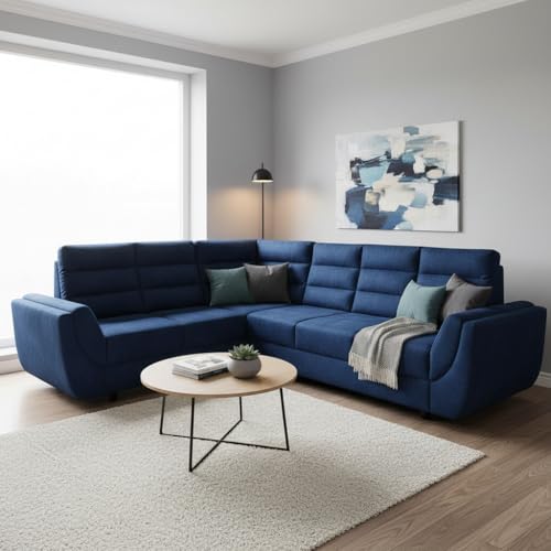 Image of APRODZ Wooden Sofa Set 6 Seater for Living Room, Solid Wood L Shape Sectional Sofa with Velvet Fabric Upholstery, Cushioned Seating for Home, Office & Lounge, Blue