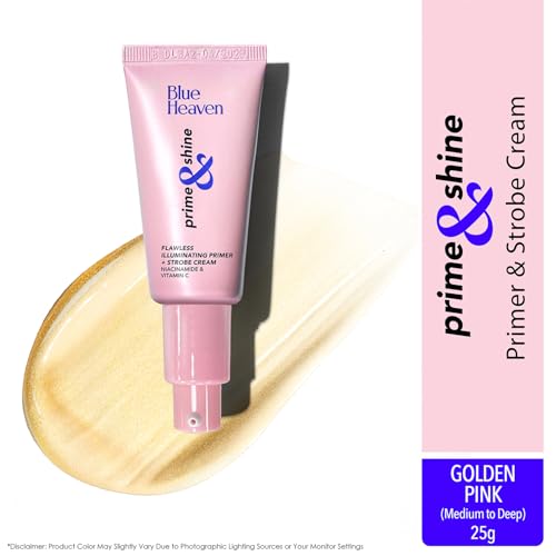 Image of Blue Heaven Prime & Shine Flawless Illuminating Primer + Strobe Cream | Primer + Highlighter + Moisturiser |Infused with Vitamin C and Niacinamide for naturally glowing skin, Golden Pink, 25g
