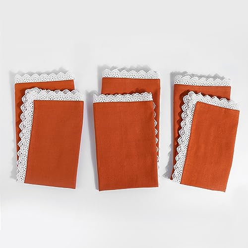 Image of FINGERCRAFT Cloth Napkins, Cotton Table Napkins with White Lace Edge, Reusable Washable Dinner Napkins for Wedding, Festive Dining, Parties & Home Decor (6, Rust Premium Lace, 20 inchx20 inch)
